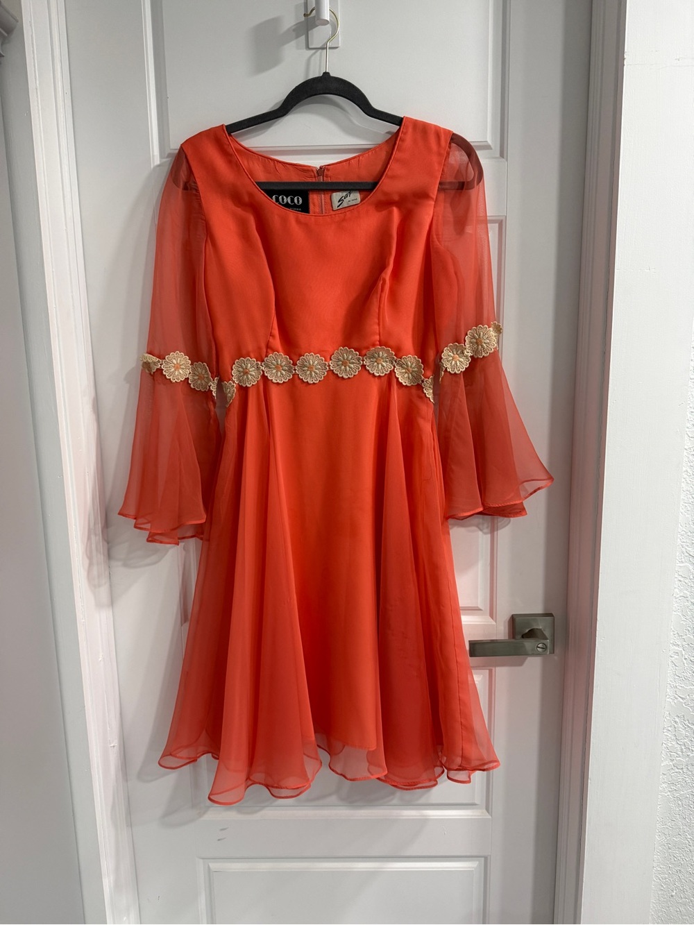 Vintage 70’s Coco California Floral Trim Chiffon Dress w/ bell sleeve